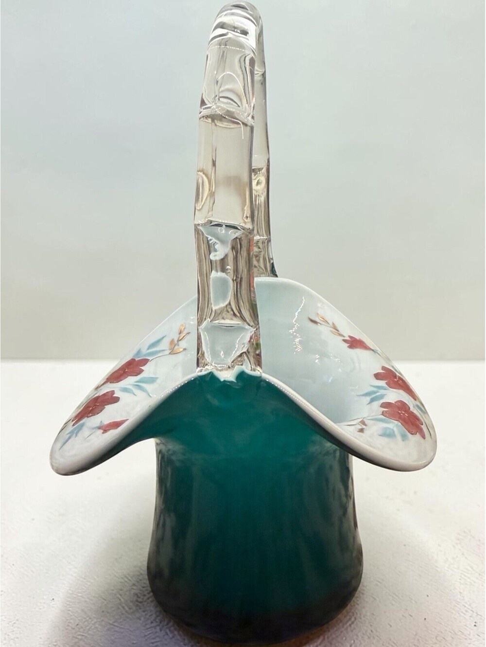 SCARCE Fenton**TEAL OVERLAY RED FLORAL HAT BASKET**Connoisseur Collection Rare